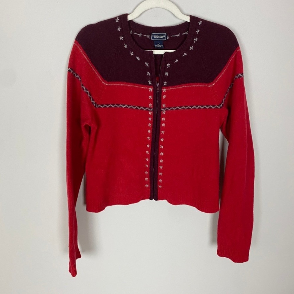 Vintage American Eagle 100% Lambswool Zip Up Cardigan Sweater Ski Womens Large